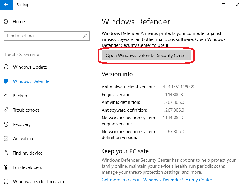 open windows defender