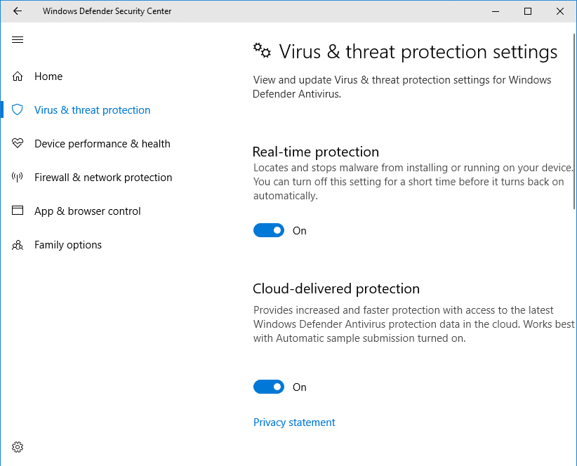 virus and threat protection settings