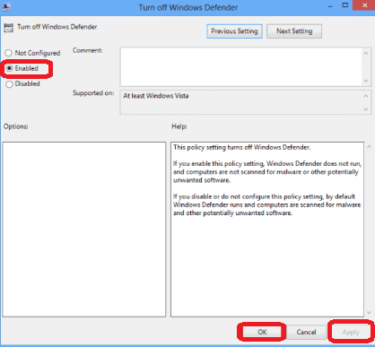 enable policy that disables windows defender