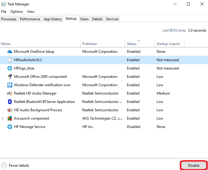 Task Manager startup tab