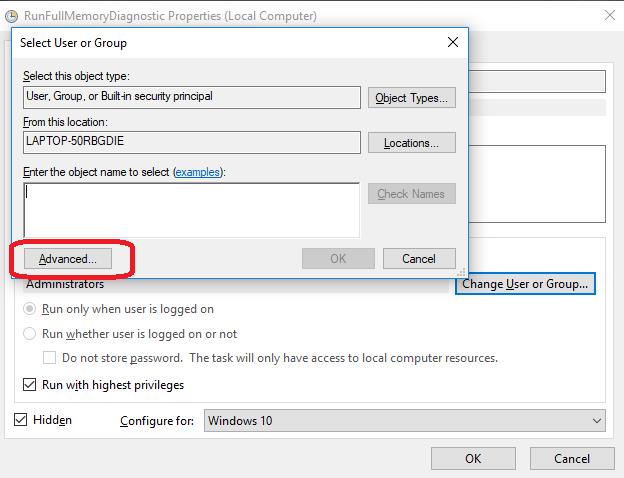 advanced button in select user or group