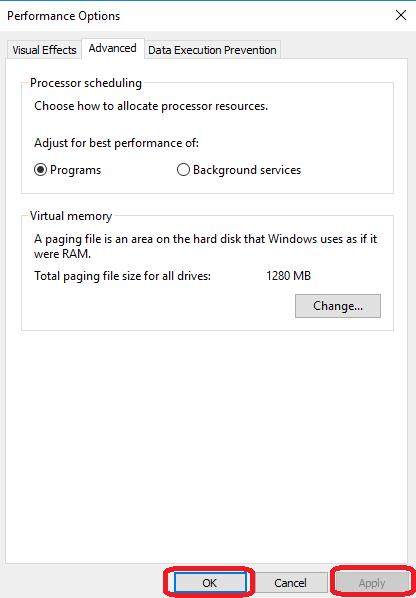 apply and ok on advanced tab in performance options