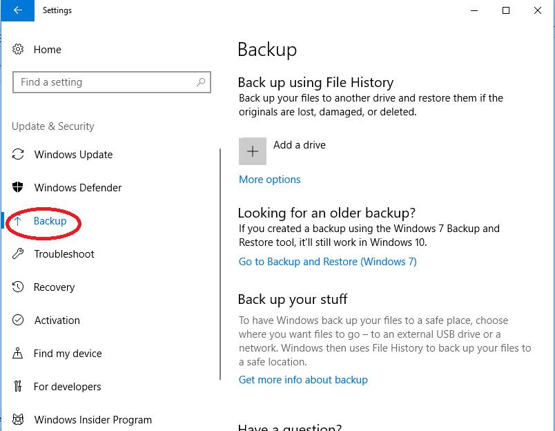 backup in setings window