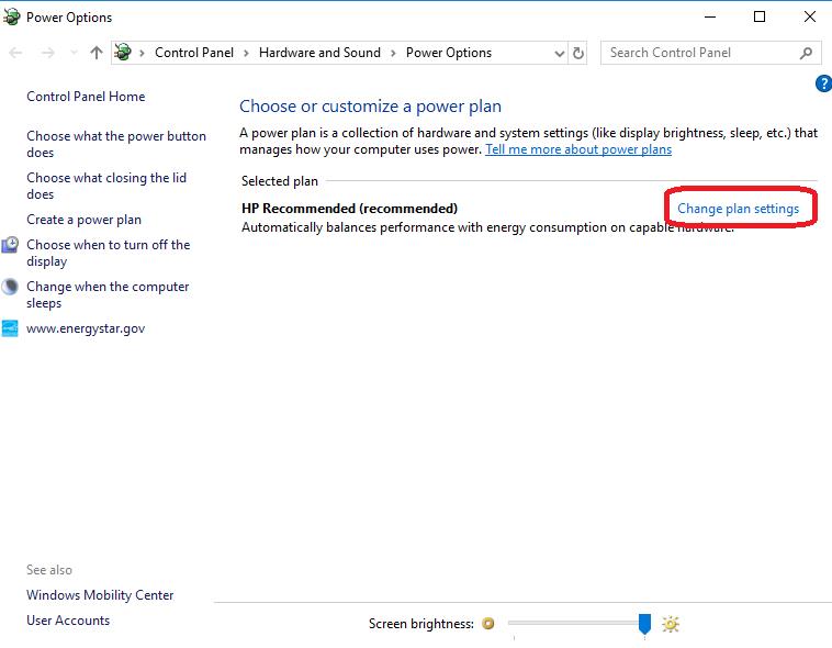change plan settings on power options