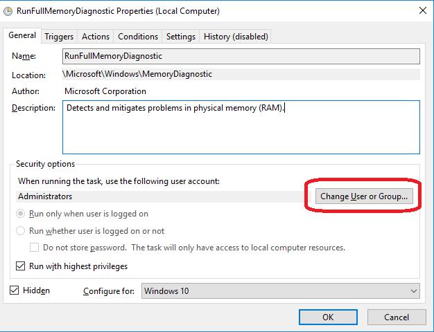 change user or group button on runfullmemorydiagnostic