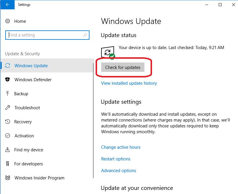 check for updates in windows update