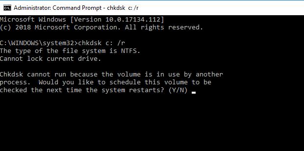 chkdsk c: /r in command prompt