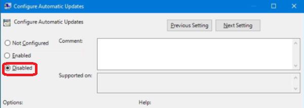 choose disable configure automatic updates