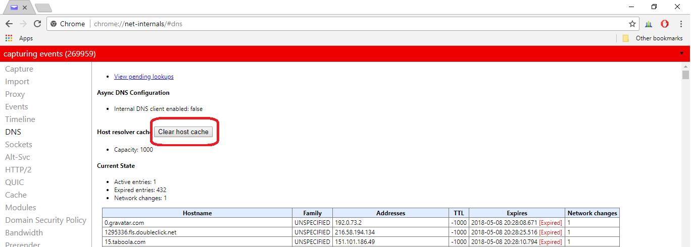 clear host cache button
