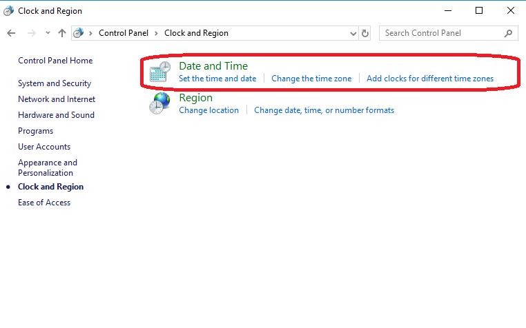 date and time in clock and region