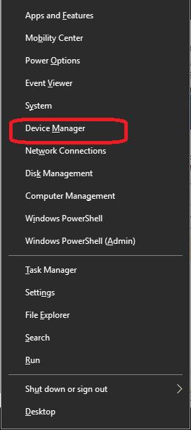 device manager in quick link menu