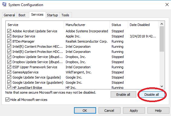 disable all button in system configuration