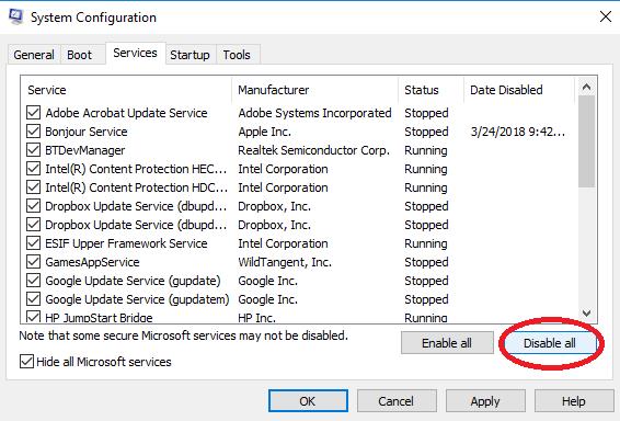 disable all in services tab