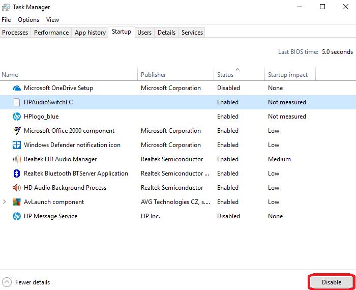 disable button in startup tab