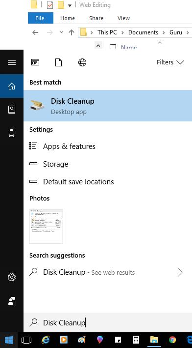 disk cleanup on start menu