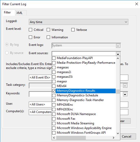 checked MemoryDiagnostics-Results in event sources