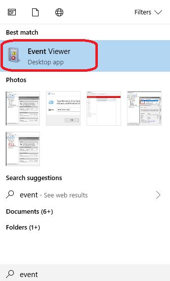 event viewer in start menu