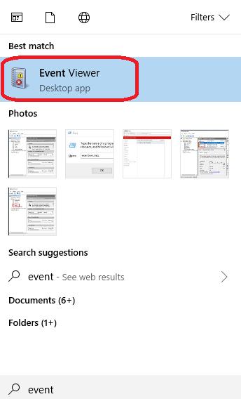 event viewer on start menu