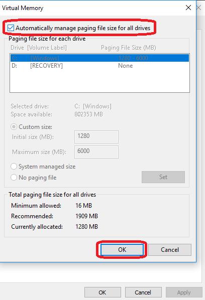 checked automatically managing paging file size