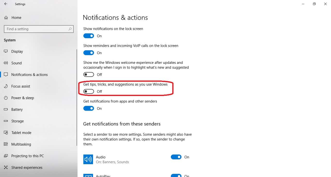 get tips, tricks, and suggestions is set to off in notifications and actions