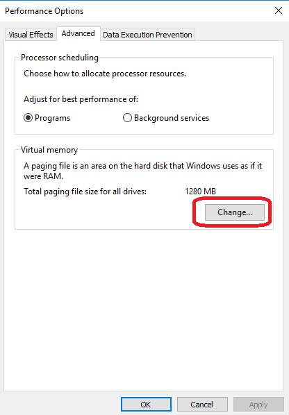 advanced tab in performance options window
