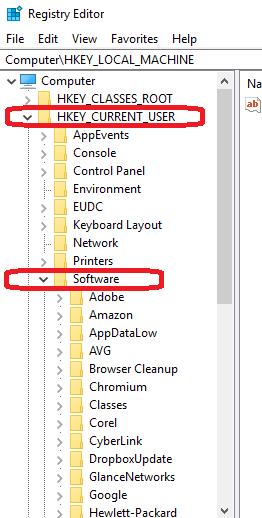 HKEY_CURRENT_USER then Software in register editor window