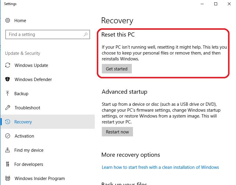 reset pc under recovery