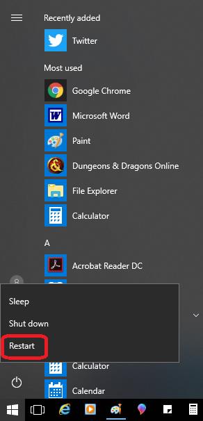 restart on start menu