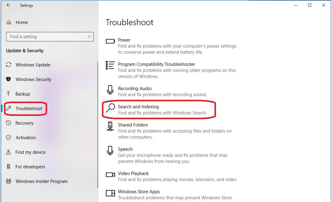search and indexing under troubleshoot
