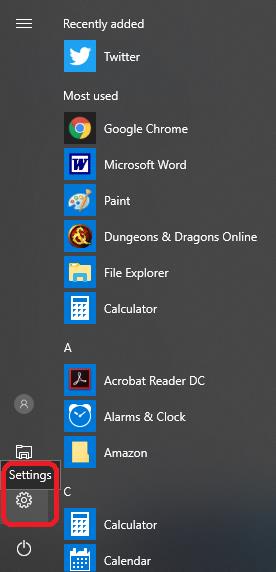 settings icon in start menu