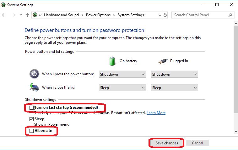 unchecked turn on fast startup and hibernate on shutdown settings