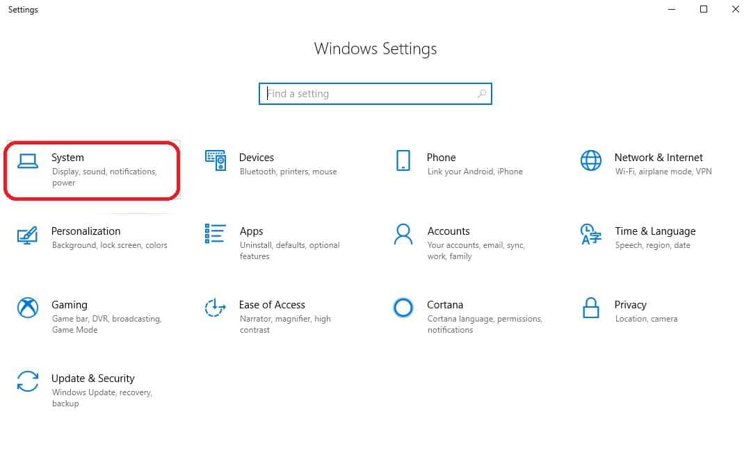 system on settings window