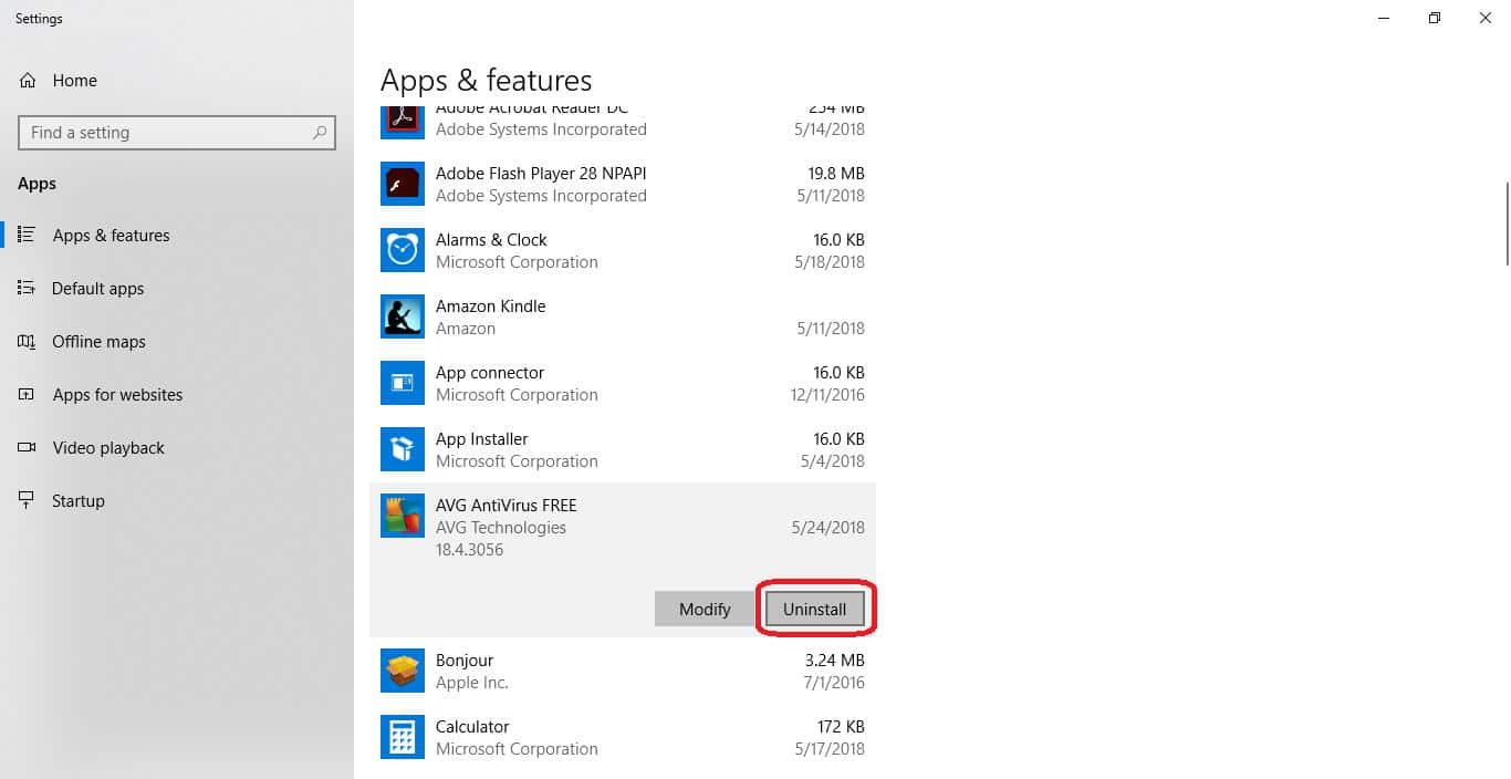 uninstall antivirus in apps and features