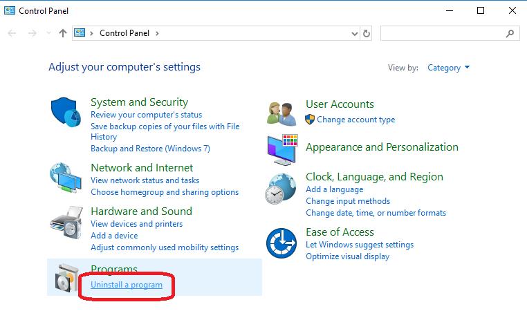 uninstall program in control panel
