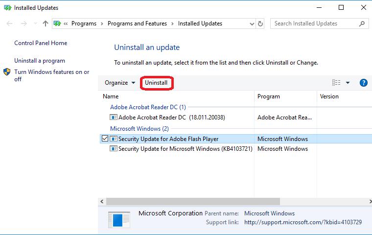 click uninstall from the list of update