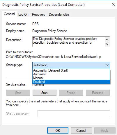 DPS Properties startup type disabled