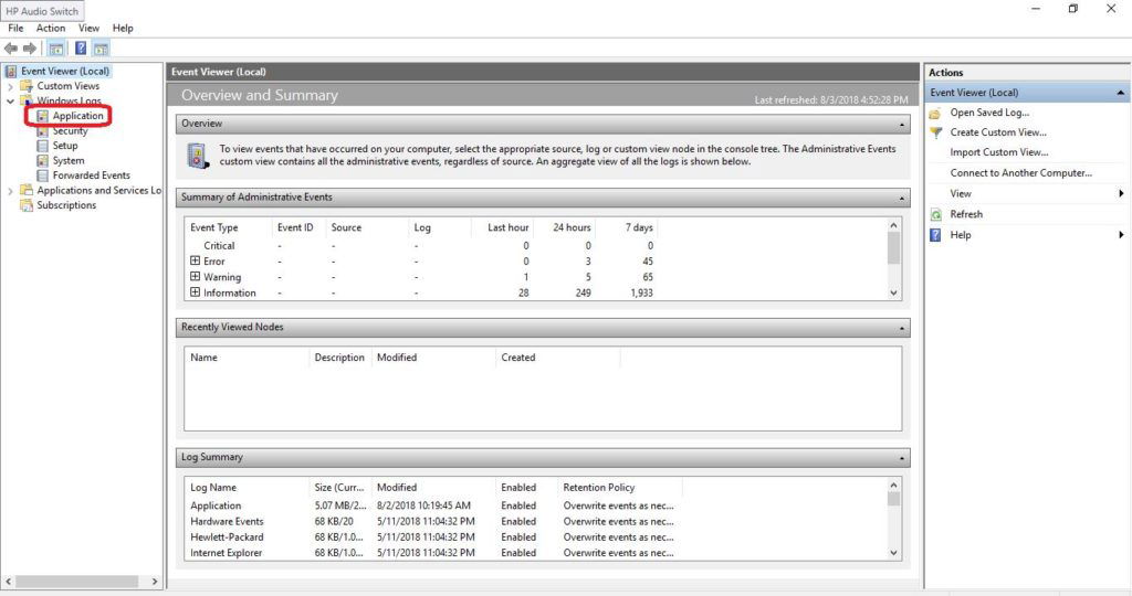 application option under windows logs