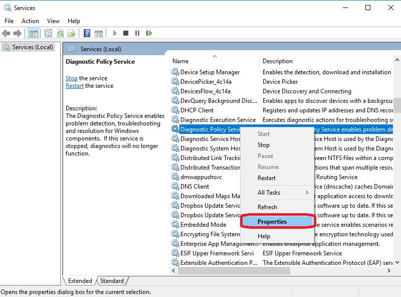 diagnostic policy service properties under services