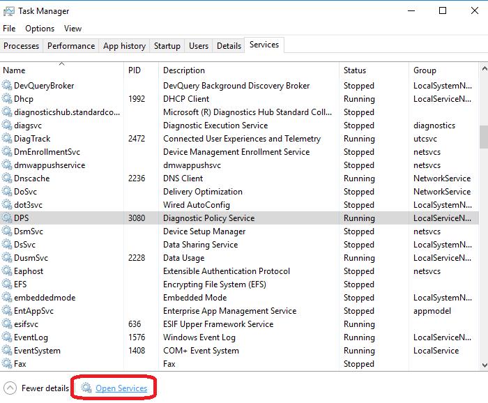 open services under task manager