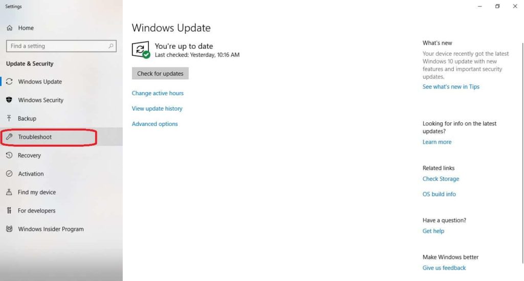 troubleshoot under windows update