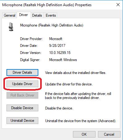 update driver button