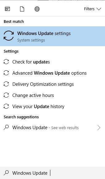 windows update settings in search bar