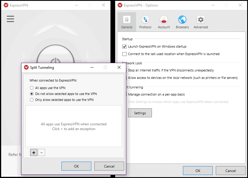 ExpressVPN Desktop options general SplitTunnel