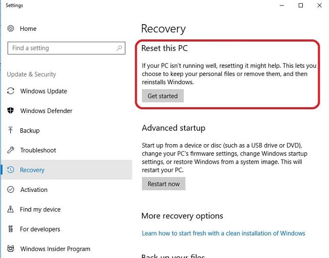 Select Recovery options