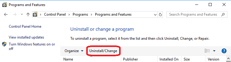 Uninstall / Change button