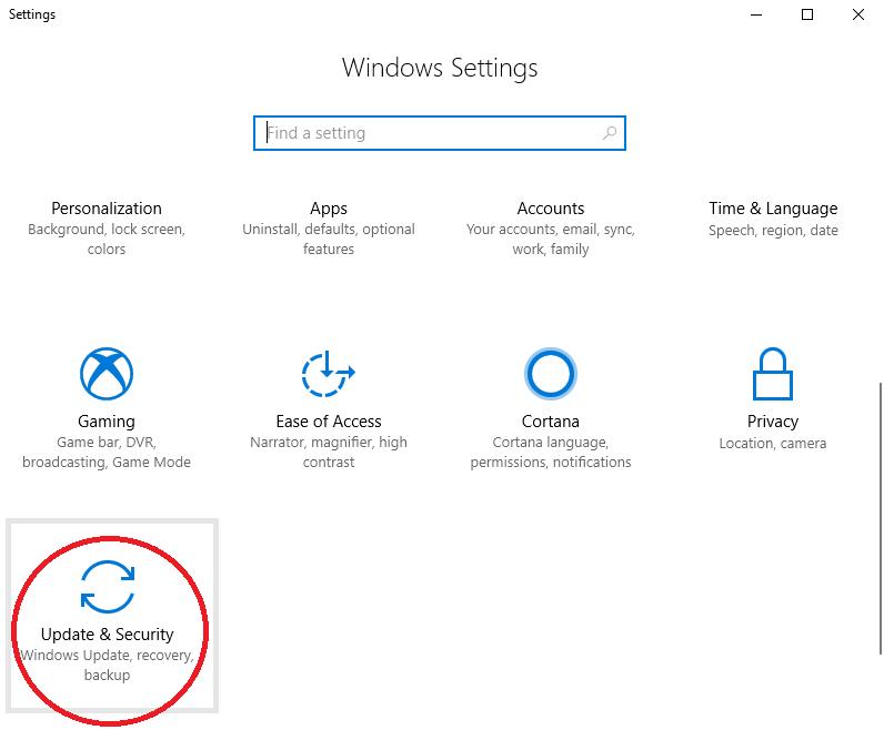 Select Windows Setting - Updates & Security