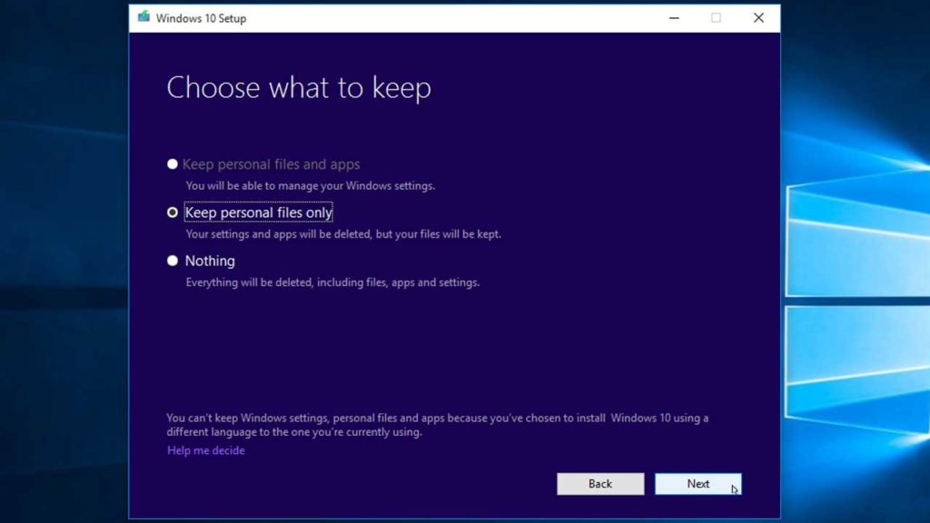 Windows 10 Choose what to keep settings
