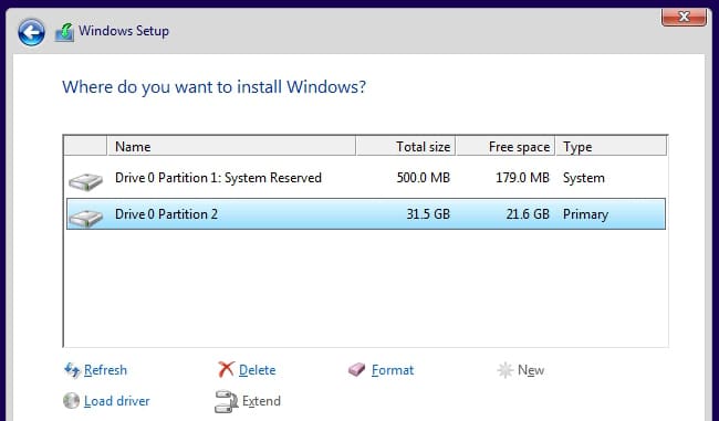 Windows setup disk partition