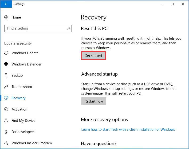 Windows 10 Recovery settings