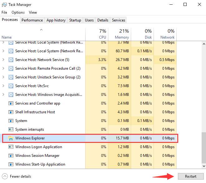 explorateur Windows dans le gestionnaire des tâches